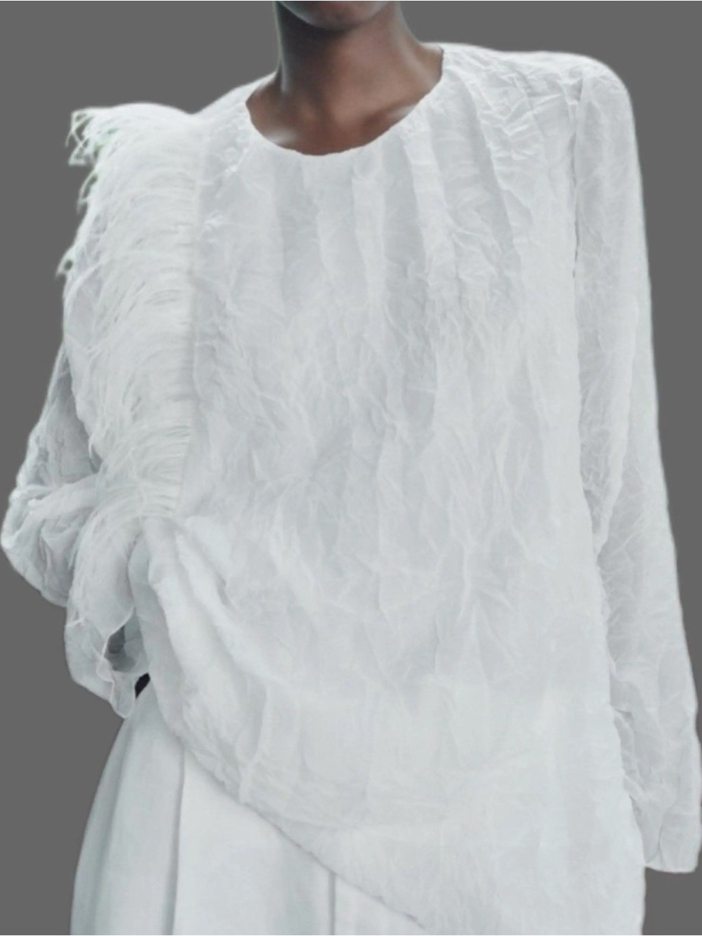 ZARA Semi-Sheer White Long Sleeve Blouse with Feather Shoulder